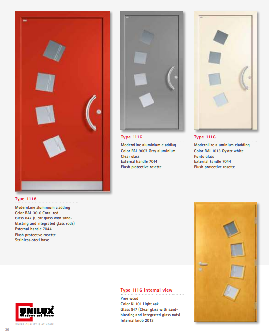 Type 1116 ModernLine – Coral Sandblast Rods Glass ModernLine Entry Door, Aluminium/Pine Structure, Designer RAL Colors, Sandblasted & Integrated Rods, Flush Rosette Locking